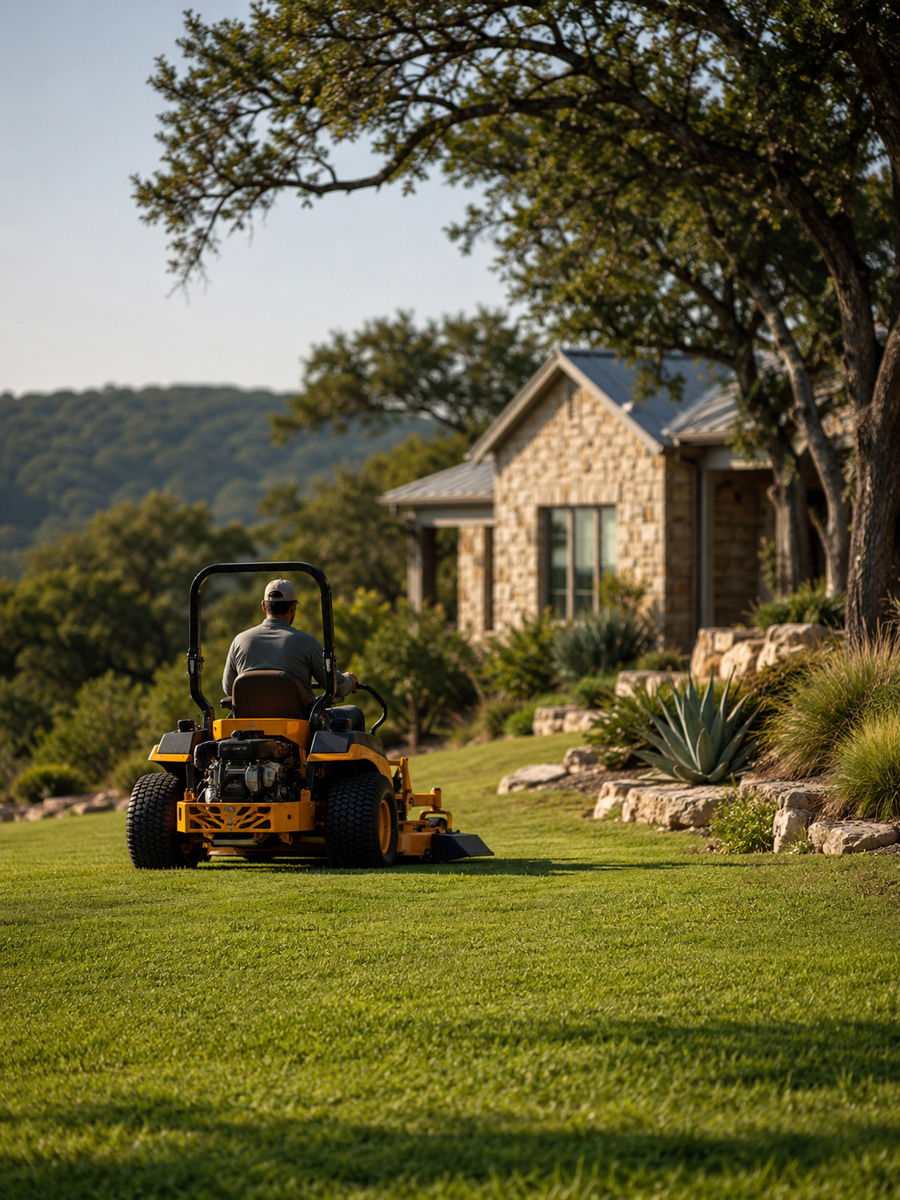 Professional mowing on a landscaped Texas Hill Country property