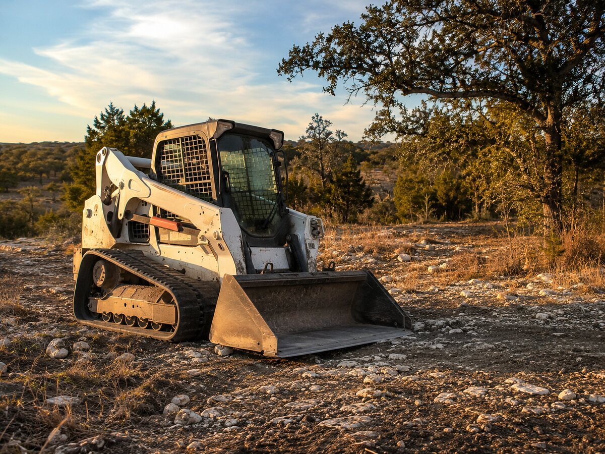 Tracked compact loader with a standard bucket on a Texas Hill Country property near Fredericksburg